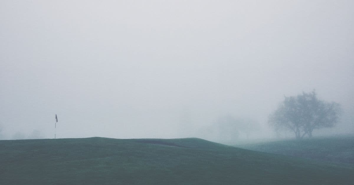 A serene fog-covered golf course with trees and gentle hills creating a misty landscape.