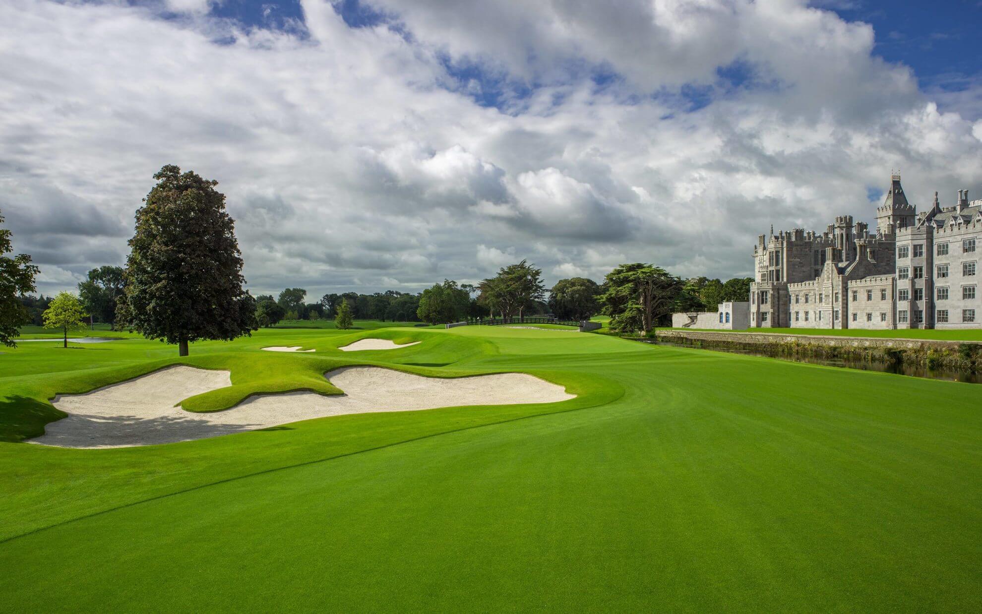 The par-3 15th at The Golf Course at Adare Manor, with the River Maigue in play, County Limerick, Ireland.