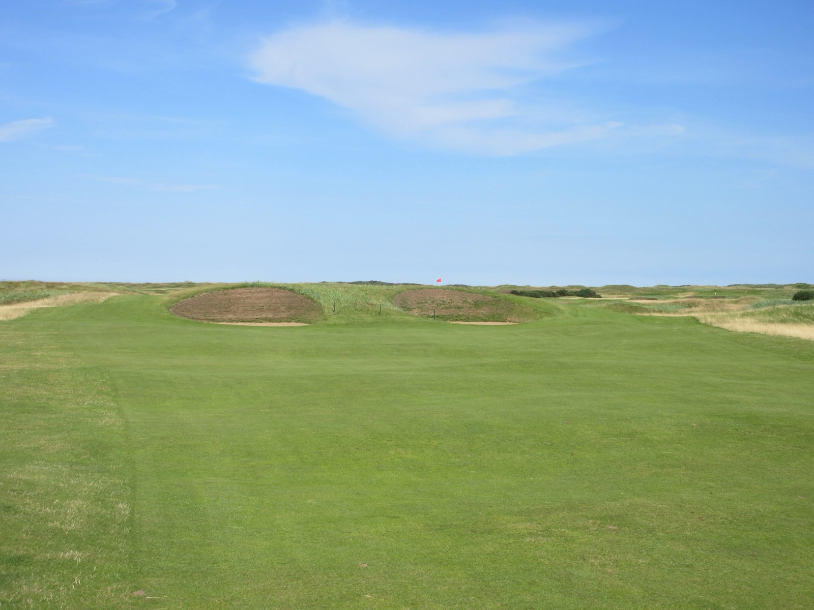 The 14th hole, the Spectacles, on the Championship Course at Carnoustie Golf Links, Angus, Scotland.