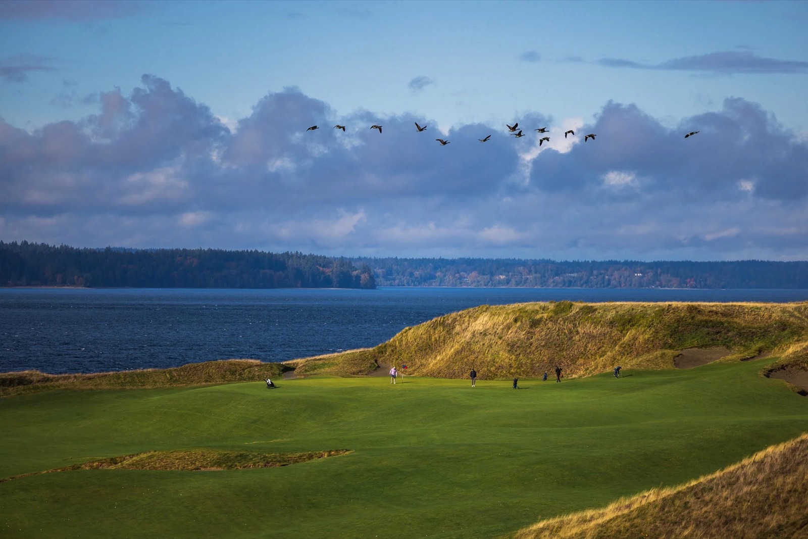 A links green at Chambers Bay set against Puget Sound, with golfers walking the fescue fairways.
