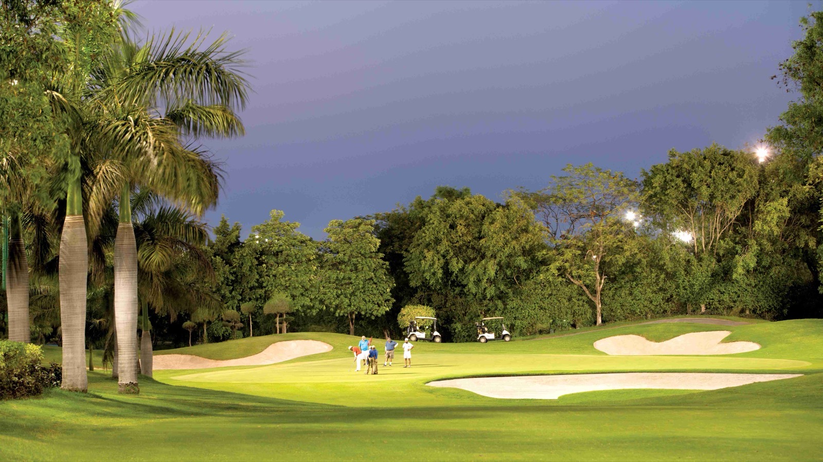 Golfers on a floodlit green at dusk, flanked by palm trees and bunkers, at DLF Golf & Country Club, Gurugram.