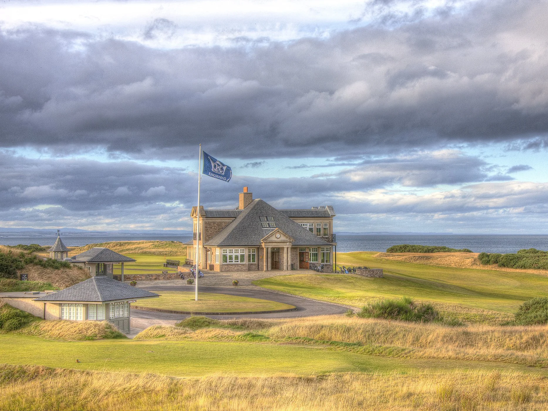The clubhouse overlooking the links at Kingsbarns Golf Links, Fife, Scotland.