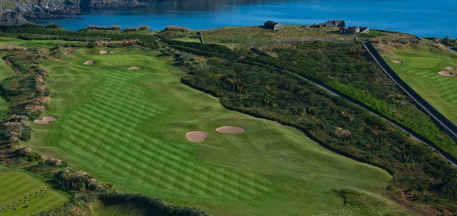 An aerial of a clifftop fairway and the Atlantic at Old Head Golf Links, County Cork.