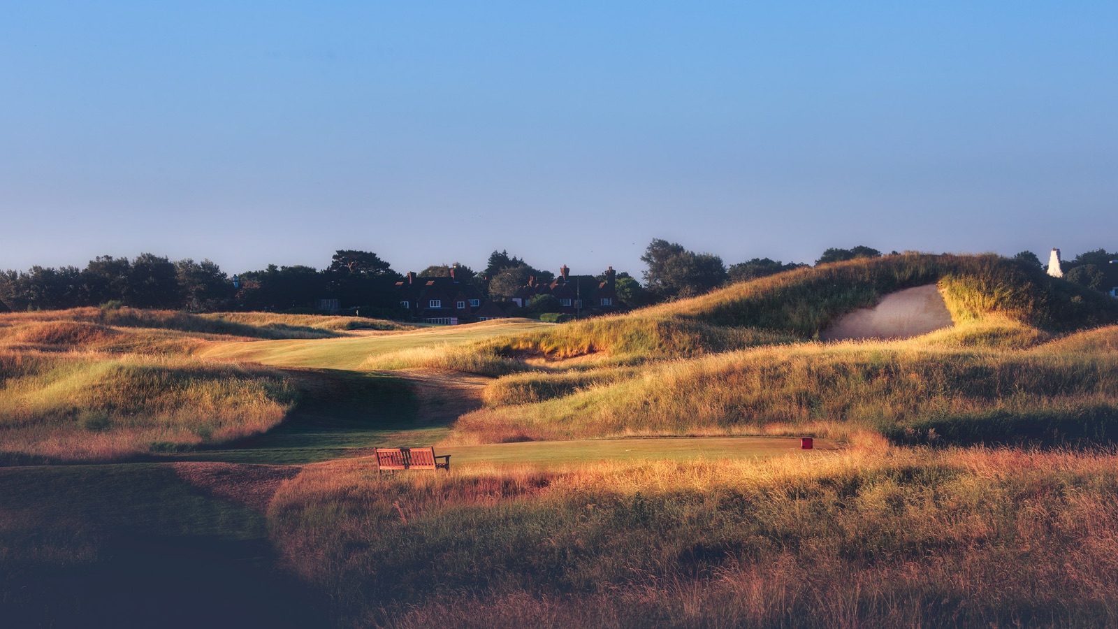 The 4th hole at Royal St George's, with its towering dune-face bunker, Sandwich, Kent.