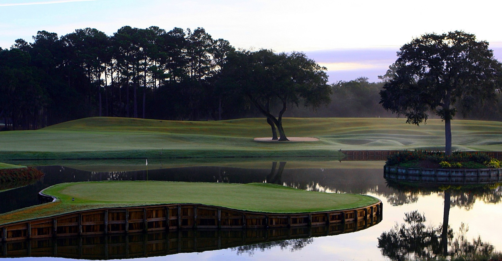 The par-3 17th island green at THE PLAYERS Stadium Course, TPC Sawgrass, Ponte Vedra Beach, Florida.
