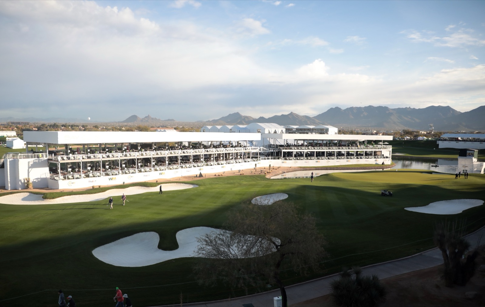 Grandstands and the desert-mountain backdrop at TPC Scottsdale's Stadium Course during the WM Phoenix Open.